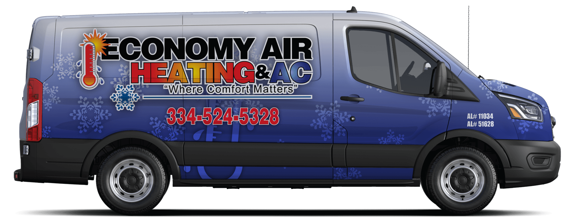 Economy Air Heating & AC van, blue and gray exterior, business logo, contact phone number.