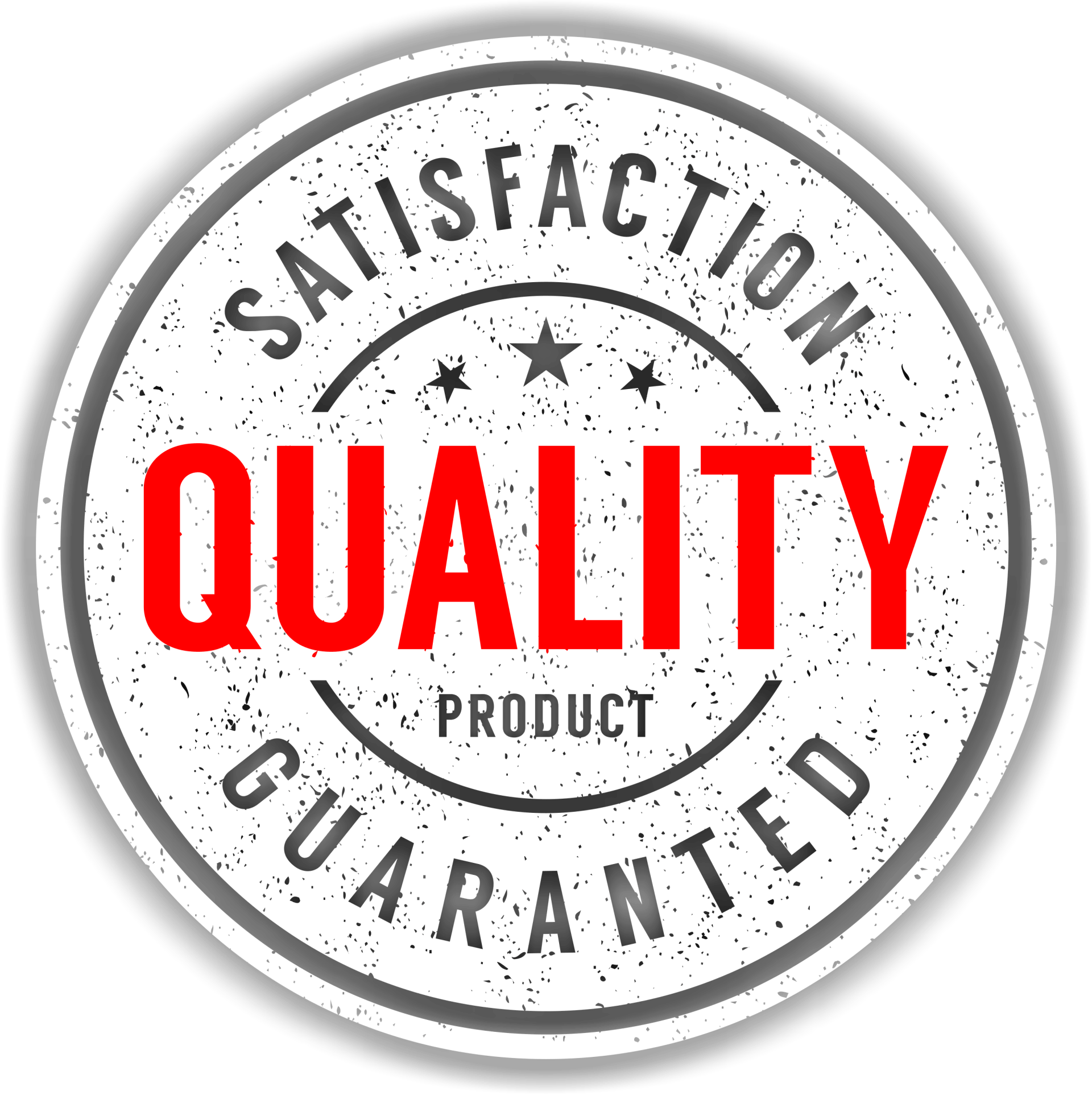 A satisfaction guaranteed quality product stamp on a white background.