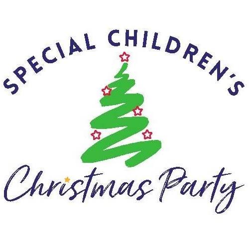 A logo for a special children 's christmas party with a christmas tree and stars.