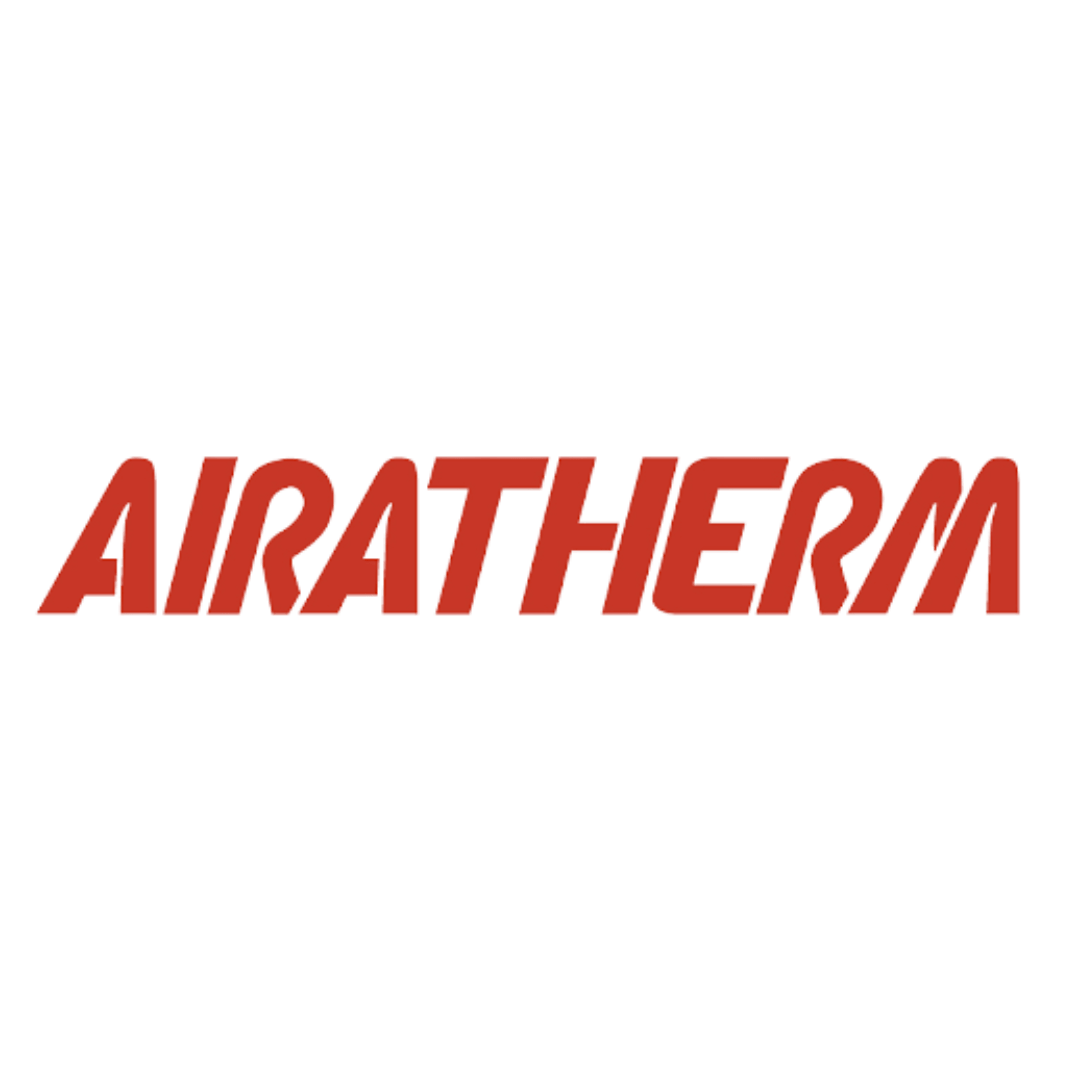 A red and white logo for airatherm on a white background