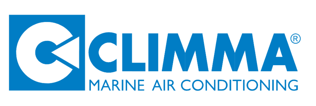 A blue and white logo for climma marine air conditioning