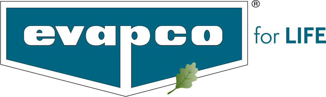 A blue and white logo for evapco for life
