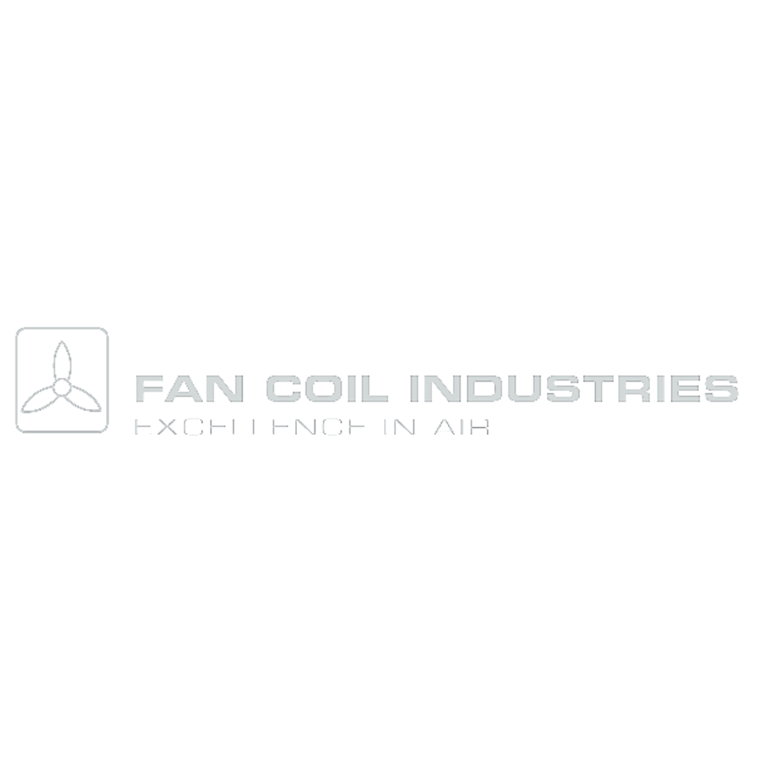 A logo for fan coil industries with a propeller on a white background.