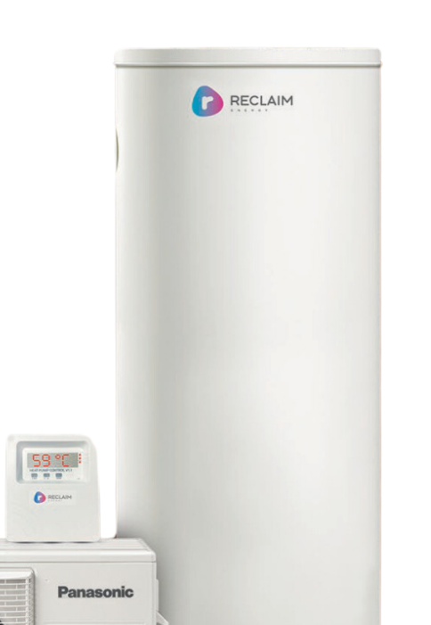 A panasonic water heater is sitting next to a thermostat