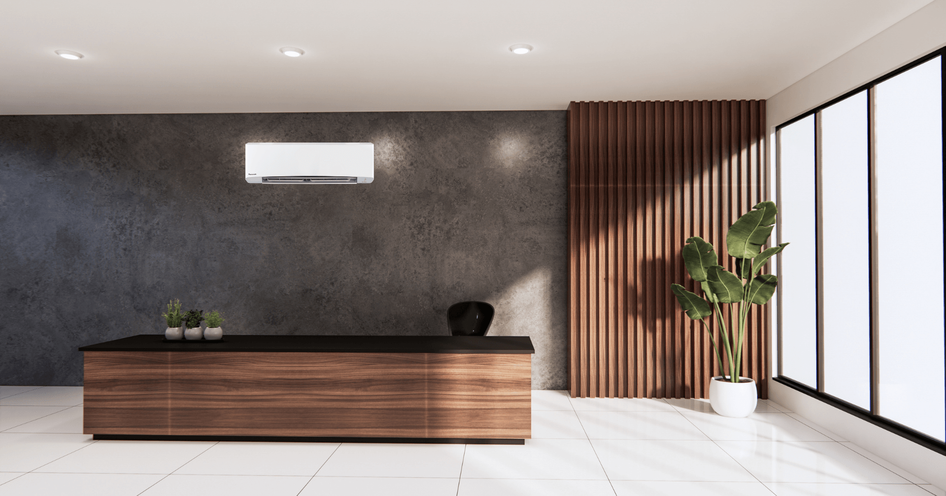 A reception area with a wooden desk and a air conditioner on the wall.