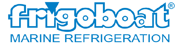 The logo for frigoboat marine refrigeration is blue and white