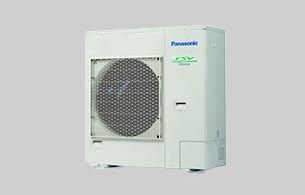 A white panasonic air conditioner is sitting on a white surface.