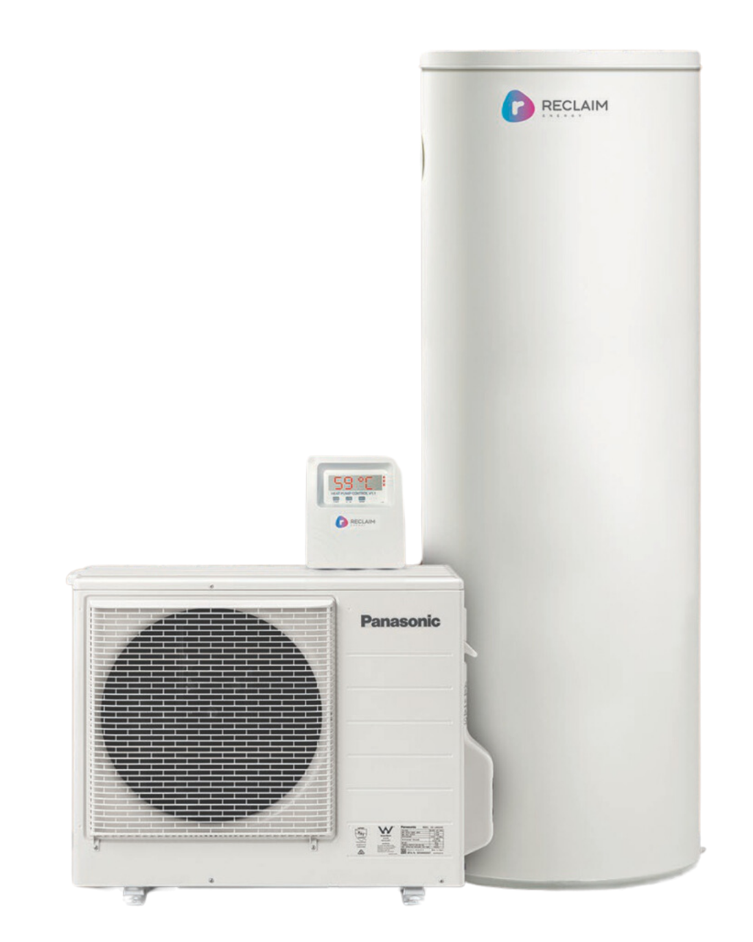 A panasonic air conditioner is sitting next to a panasonic water heater.