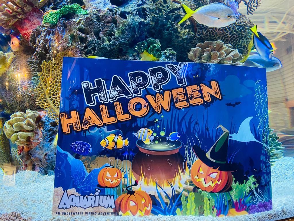 Halloween sign at an aquarium with a cauldron, pumpkins, and fish.