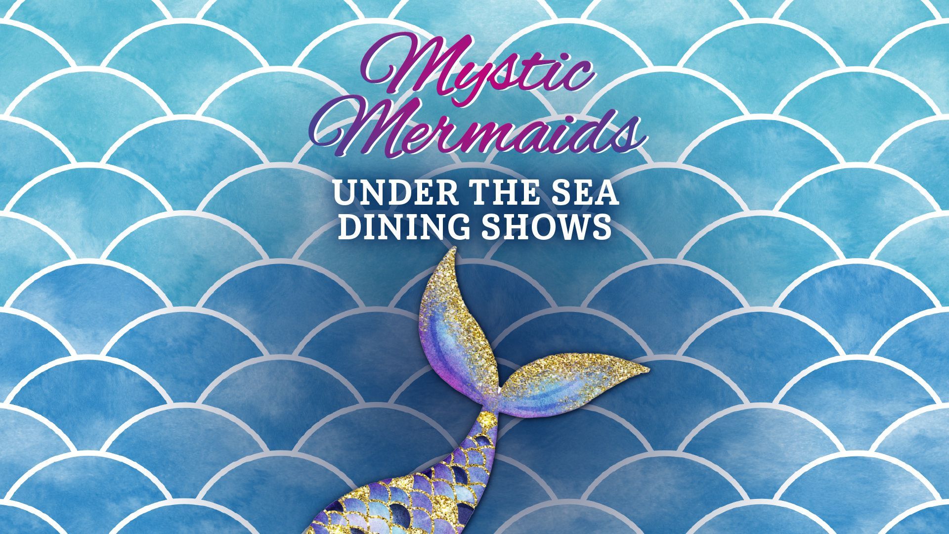 Mystic Mermaids logo with mermaid tail over blue scale background. 