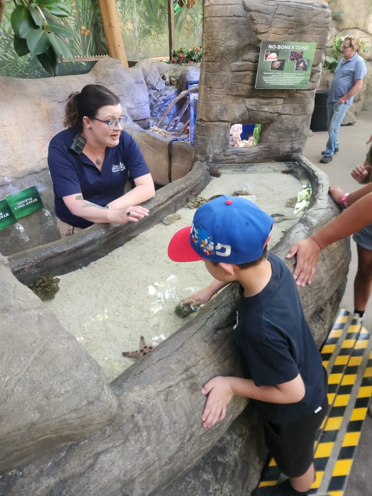 A boy wearing a blue hat enjoying touch tank of sea life
