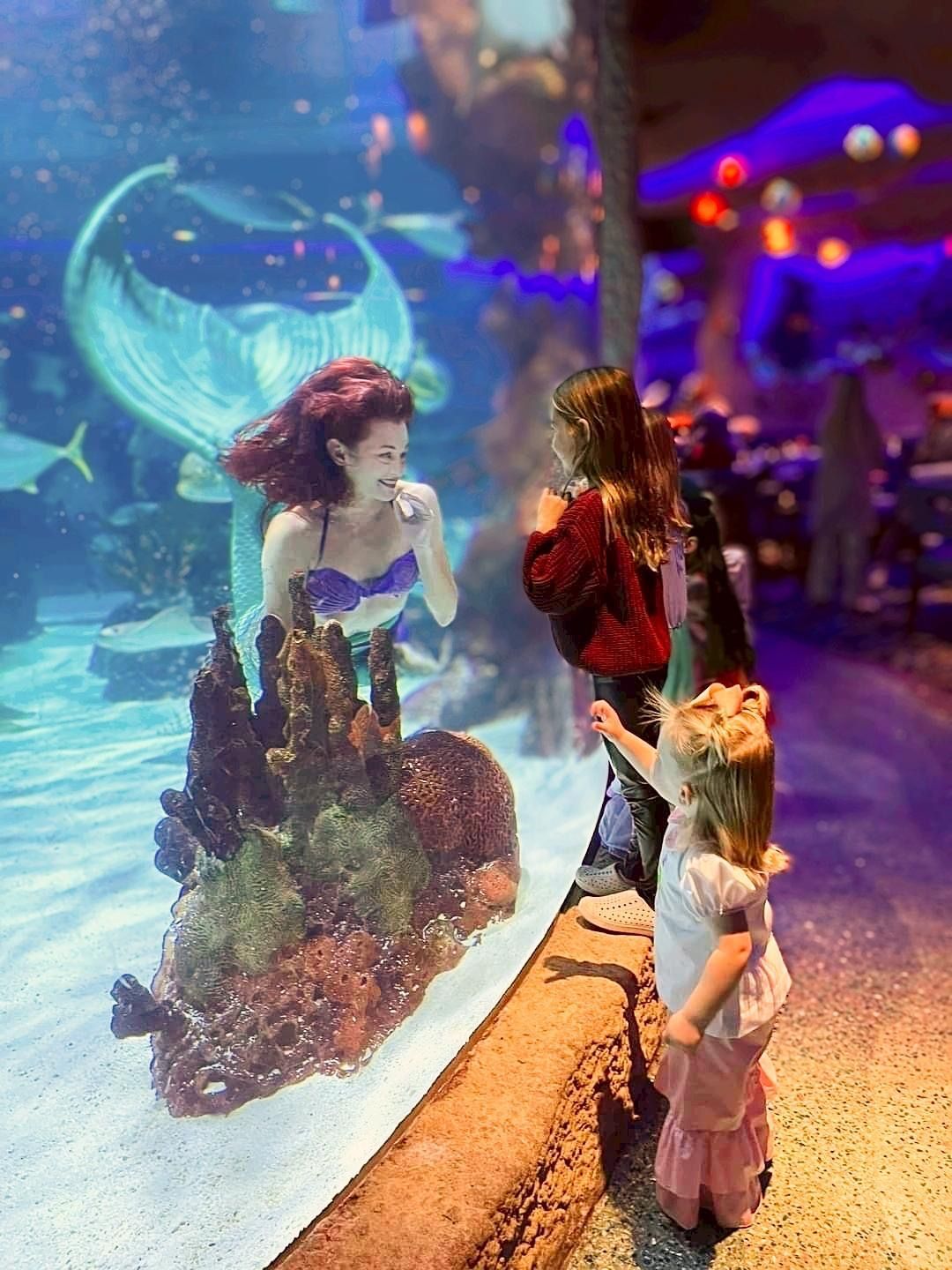 Mermaid in aquarium greets two young girls. One points, the other watches. Blue water, colorful rocks.