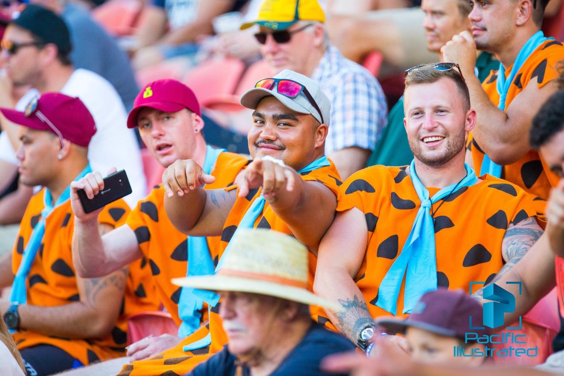 Sydney 7s fan wearing Flintstones outfit with friends