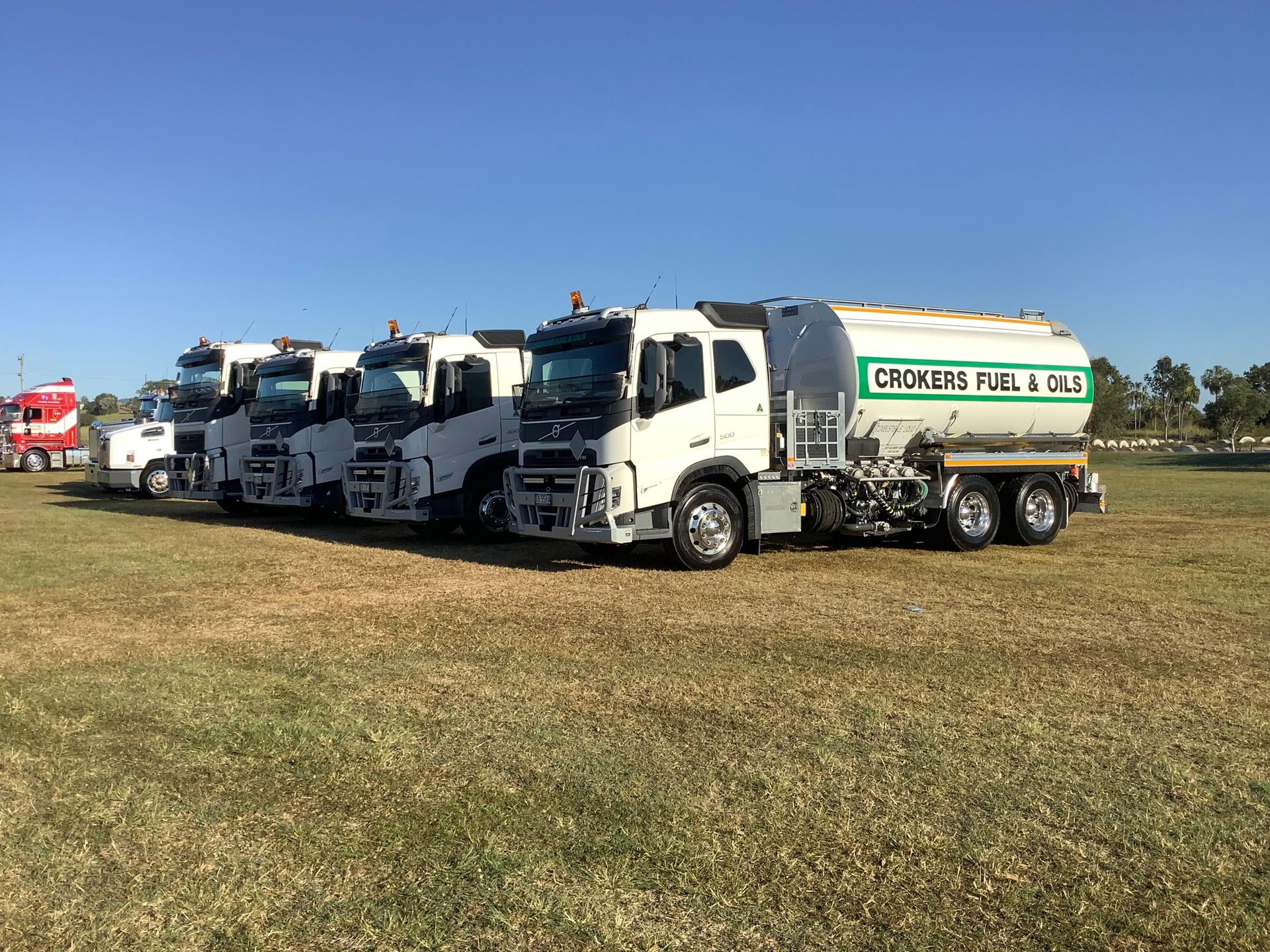 4 trucks in a line on the grass — Crokers Fuel & Oils Pty Ltd in Paget, QLD
