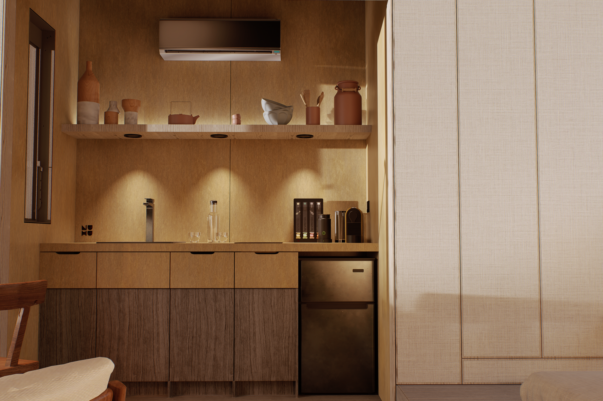 Built-in kitchen area with wooden cabinets, shelves with objects, and a mini-refrigerator; warm lighting.