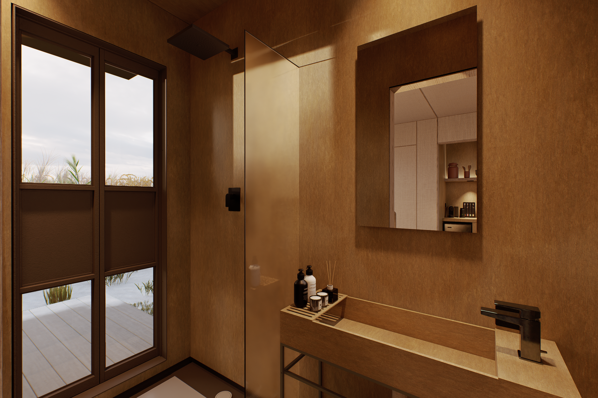 A modern bathroom with warm wood walls, a glass-enclosed shower, a rectangular stone sink, and a view of a snowy landscape.