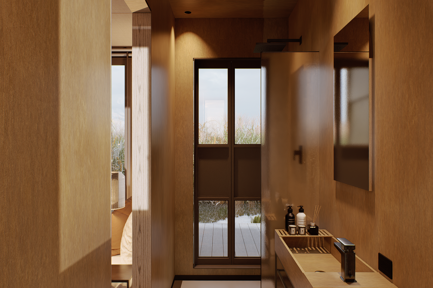 Bathroom with brown walls, large mirror, and open shower. Sink with toiletries. Window on left.