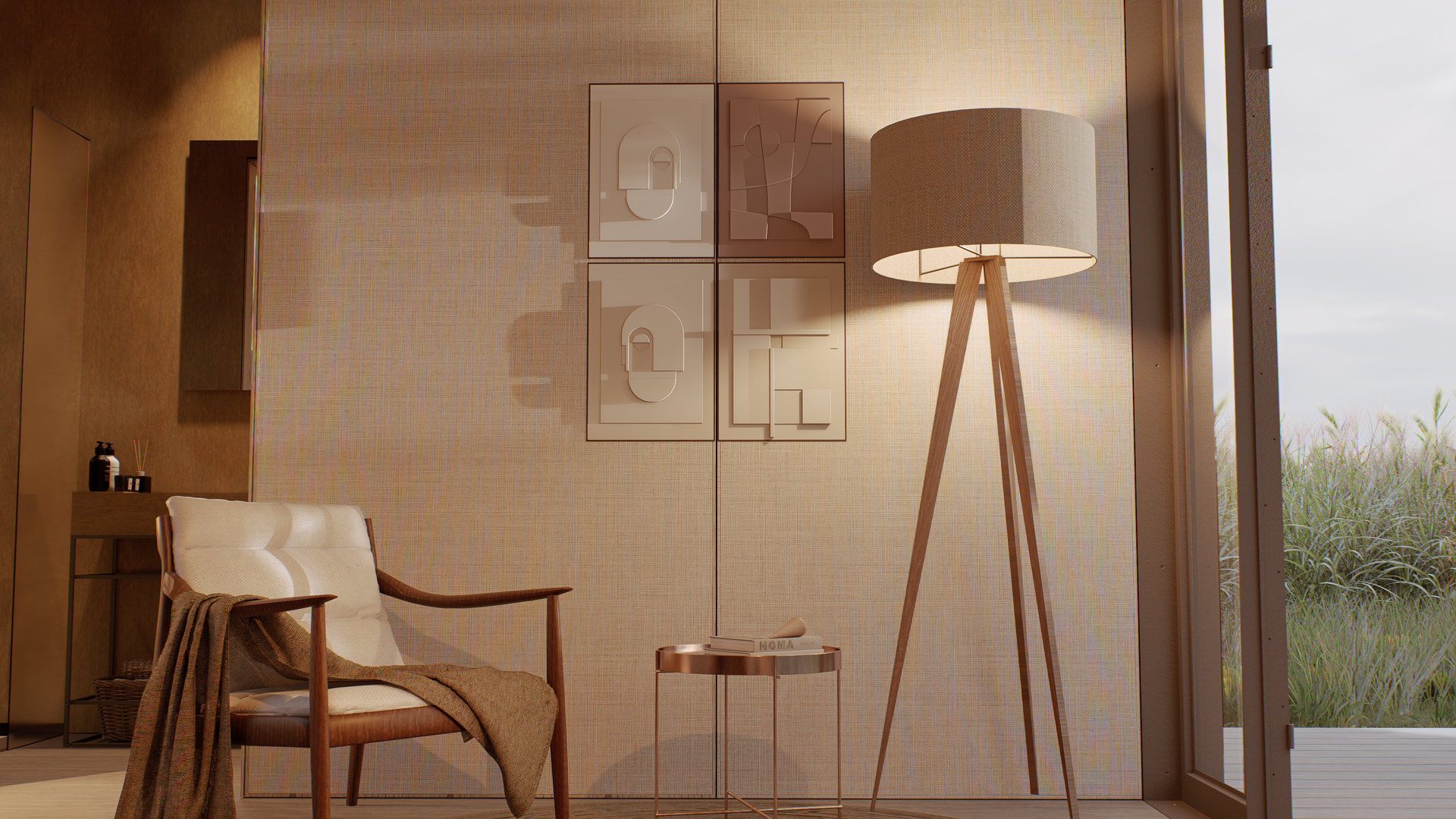 Cozy room scene: wooden chair with blanket, floor lamp, artwork on textured wall, small table. Warm tones.