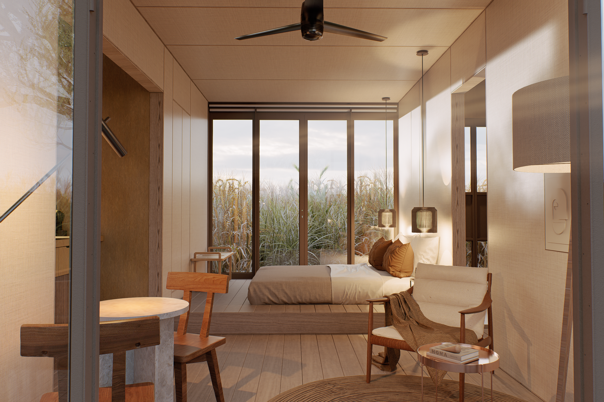 A modern, neutral-toned bedroom with floor-to-ceiling windows, a low bed, a wooden chair, and an armchair.