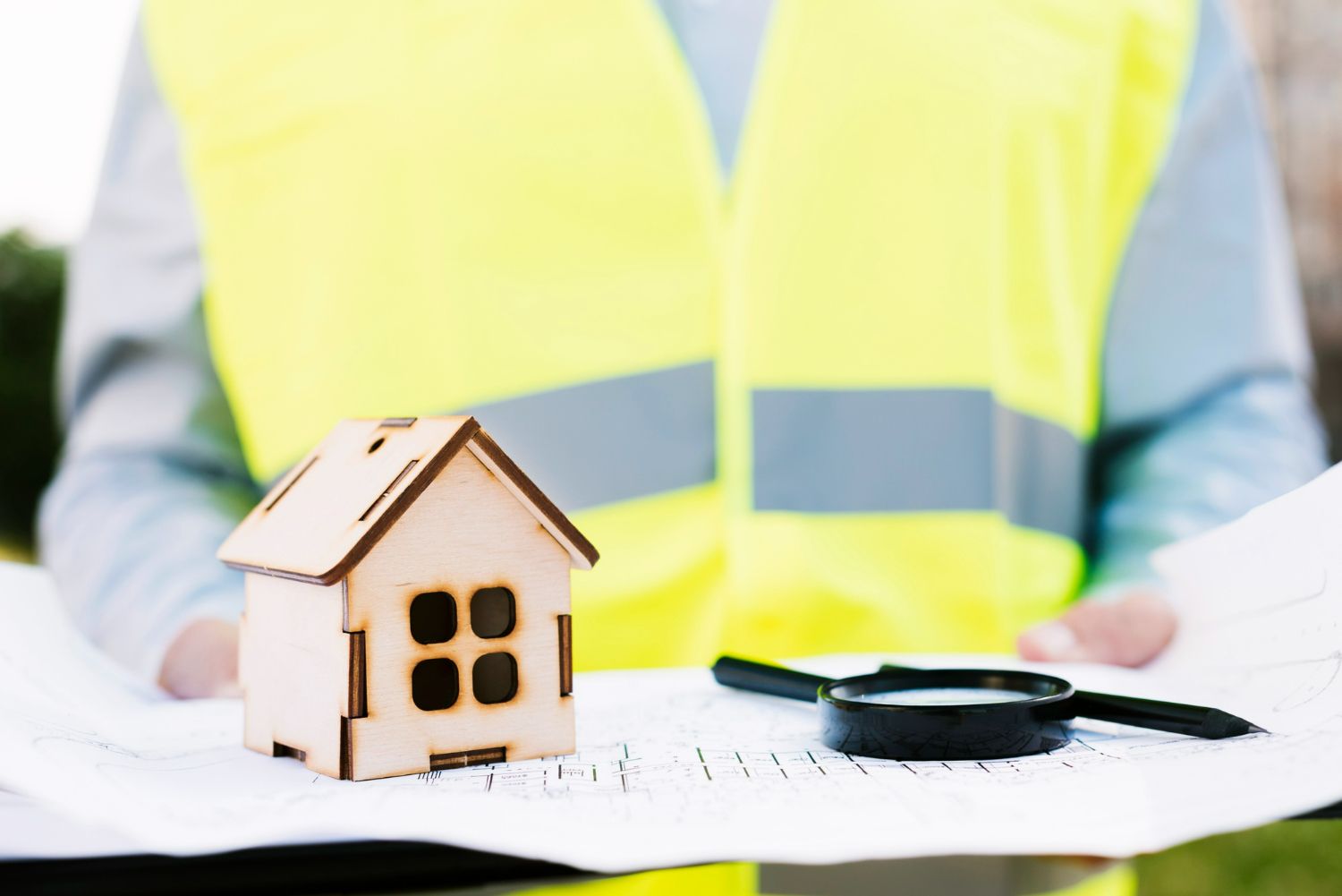 A man in a yellow vest is holding a model house and a magnifying glass.