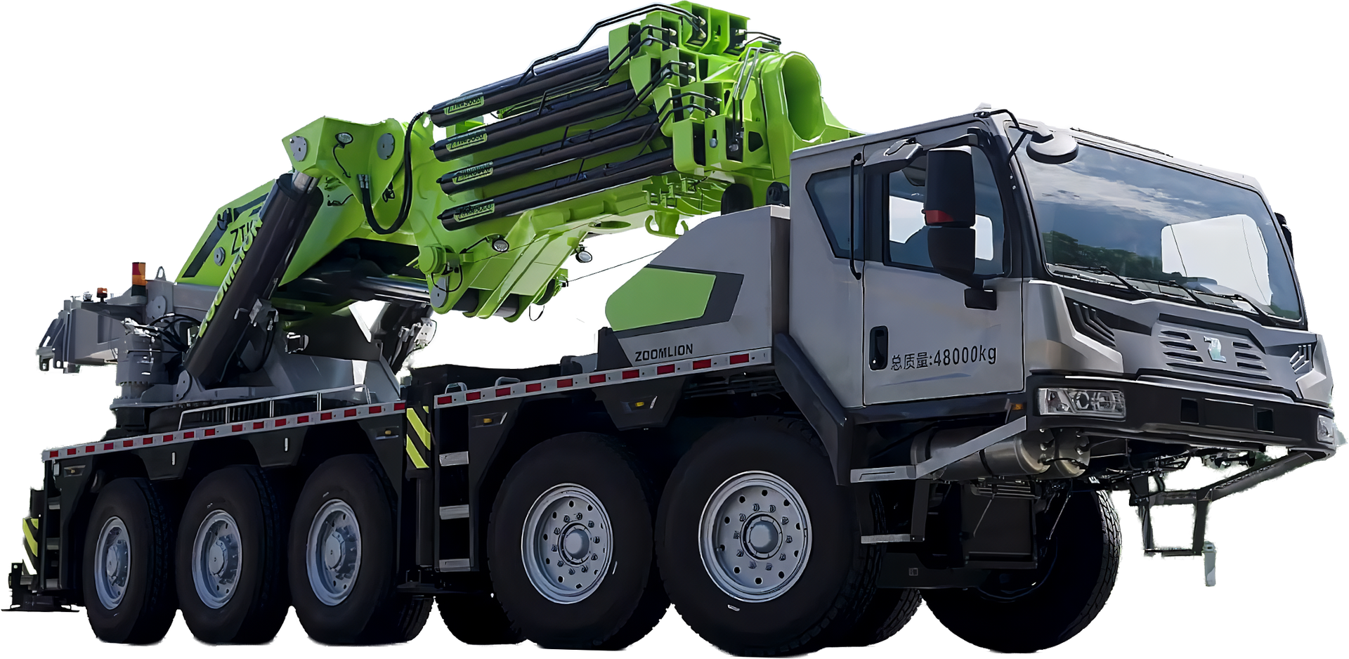 Um caminhão guindaste móvel de alta resistência, verde-limão e cinza metálico, com múltiplas rodas, visto de perfil.