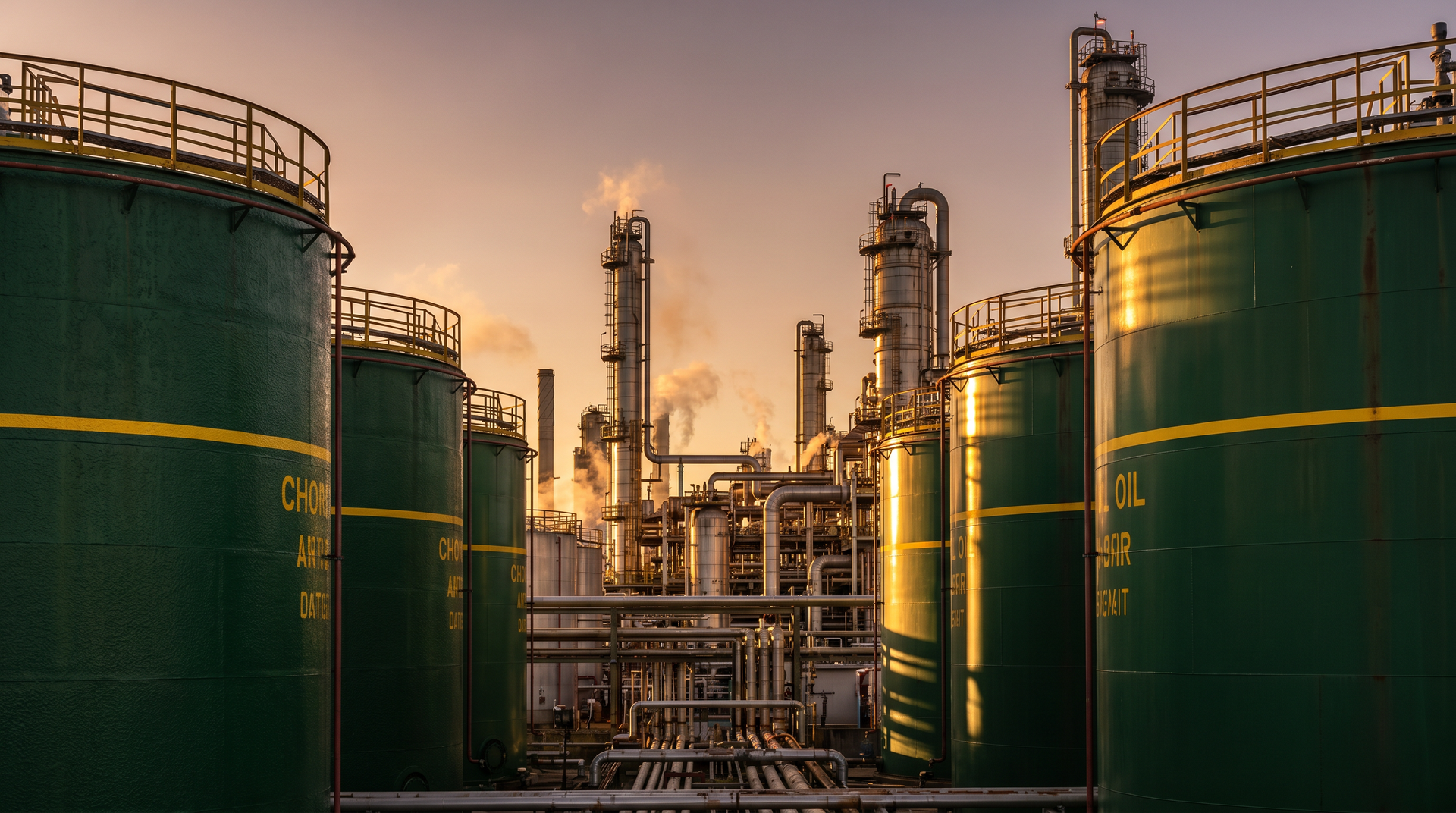 Tanques e tubulações de uma refinaria industrial ao pôr do sol, com grandes tanques de armazenamento verdes em primeiro plano.