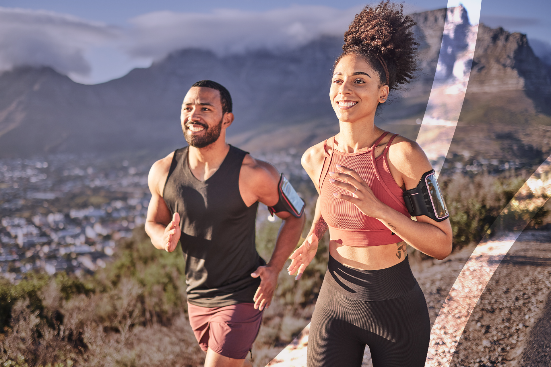 A man and a woman are running on a road.