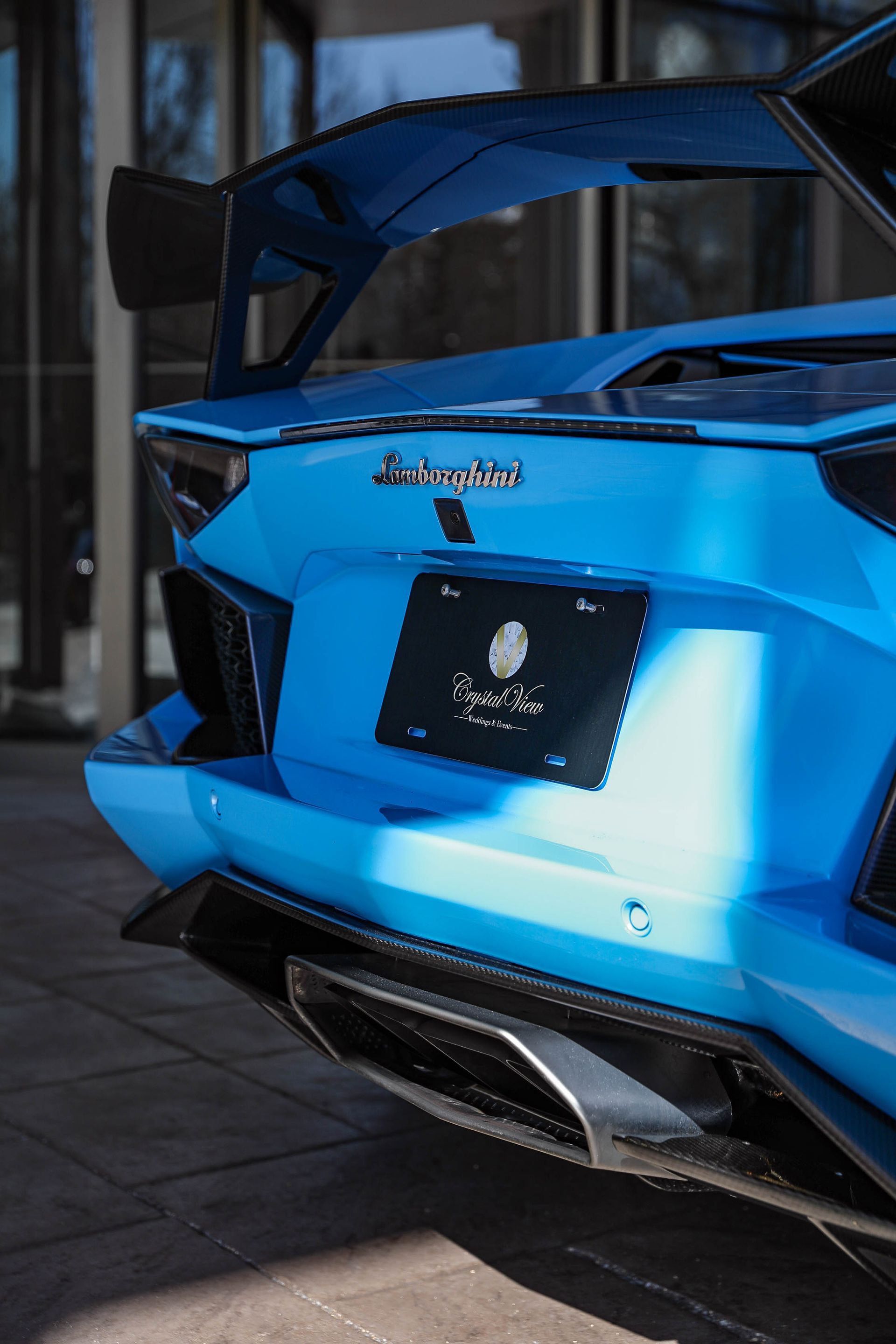 back tail lights of luxury car Lamborghini Aventador available for photo opportunities