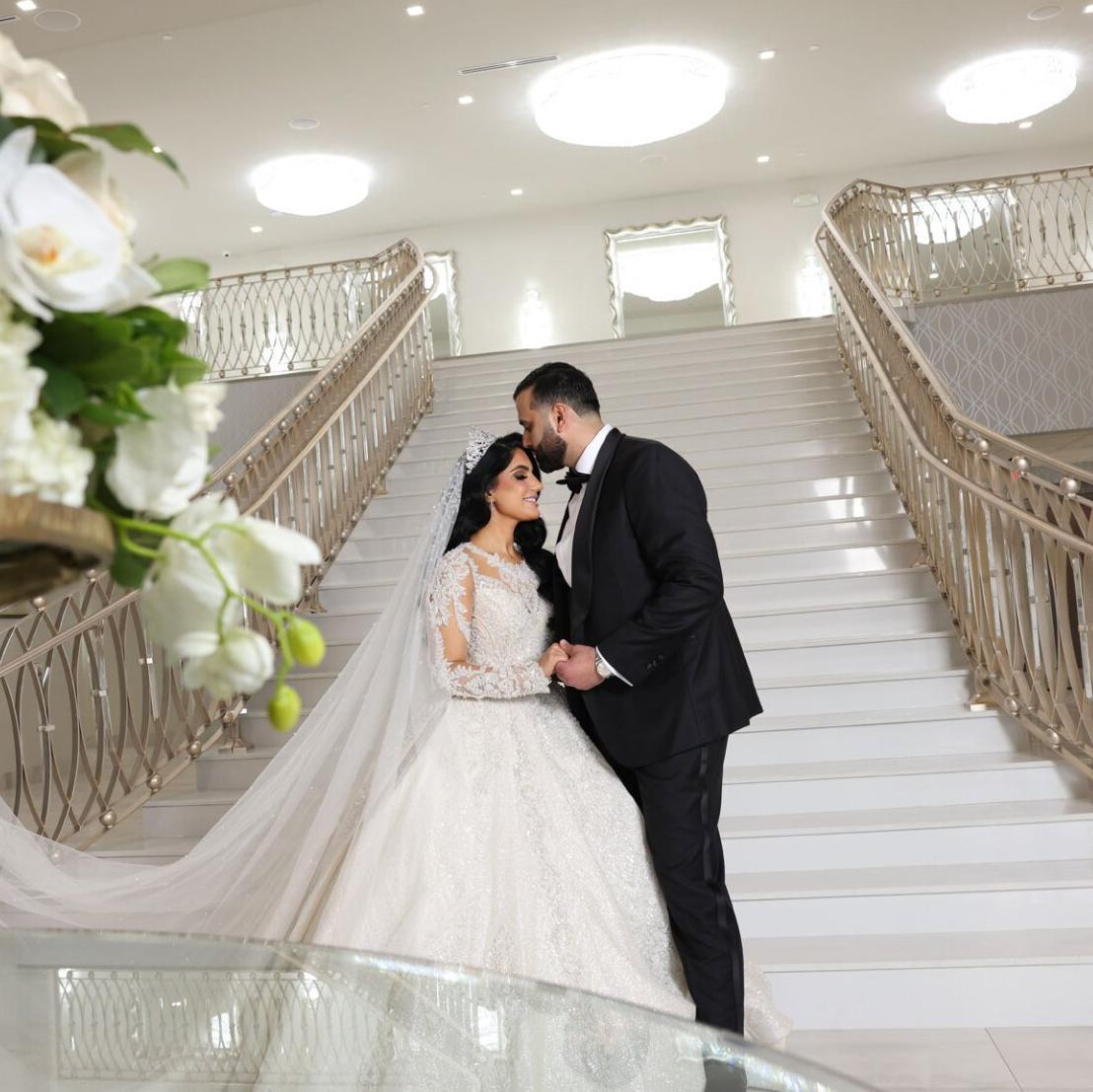 bride and groom on the mezzanine at CrystalView