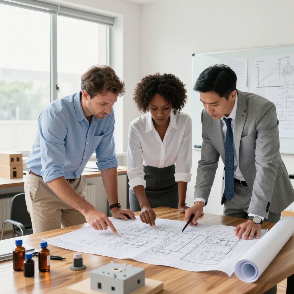 Drie mensen bekijken bouwtekeningen aan een tafel in een kantoor. Ze wijzen naar details en bespreken ze.