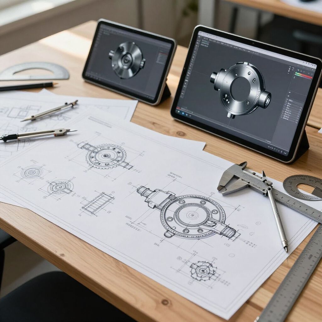 Tafel met CAD-tekeningen, twee tablets waarop 3D-modellen worden weergegeven en tekengereedschap.