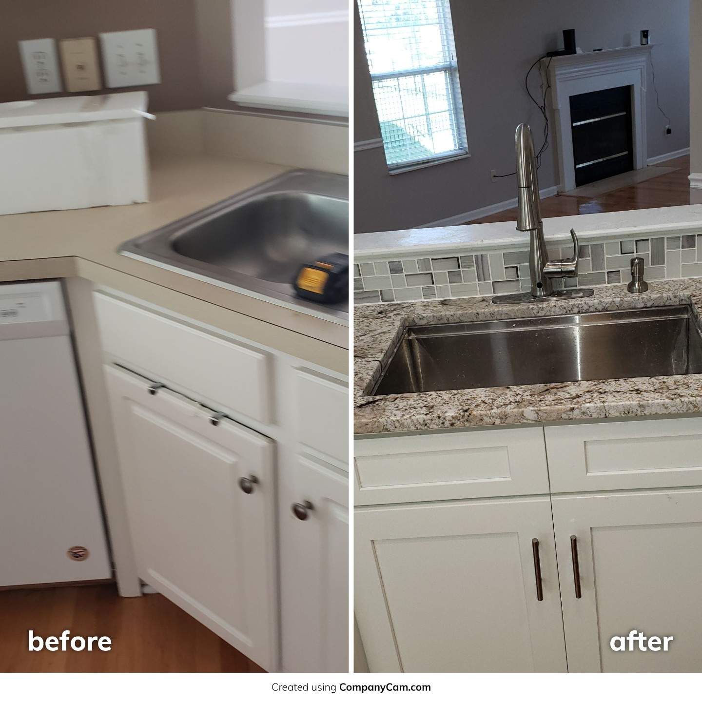 A before and after photo of a kitchen sink