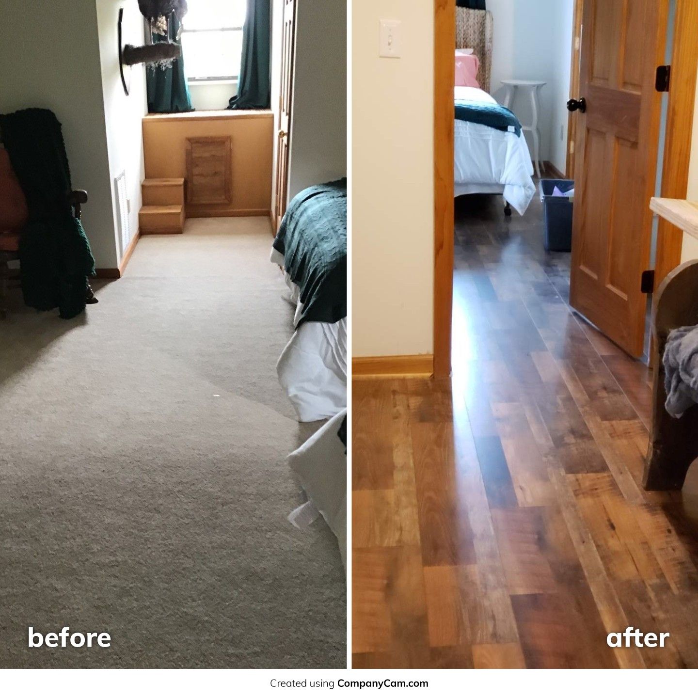 A before and after photo of a bedroom with hardwood floors