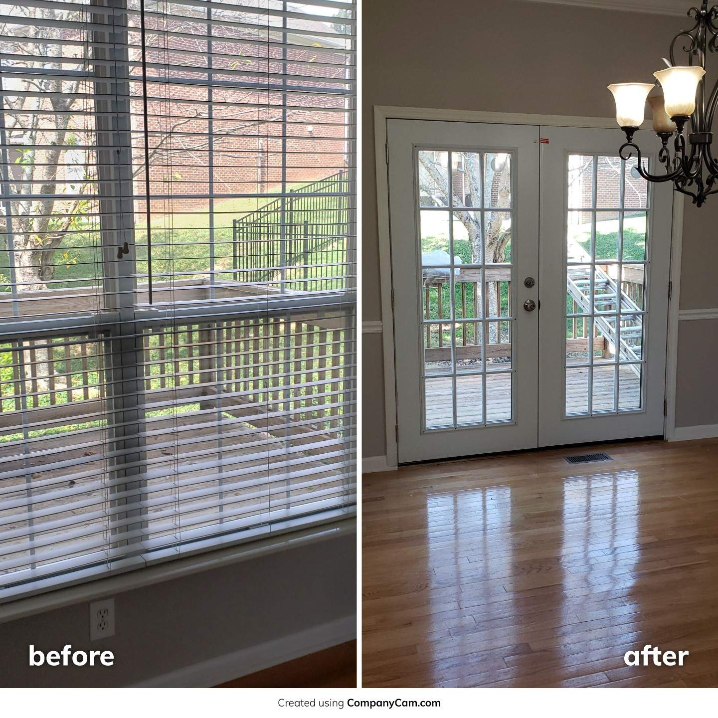 A before and after photo of a room with blinds and french doors