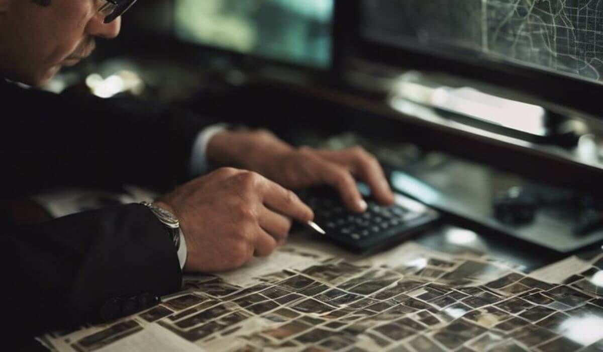 Private investigator with legal documents and laptop