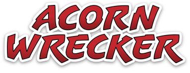 A red and white logo for Acorn Wrecker