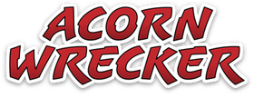 A red and white logo for Acorn Wrecker
