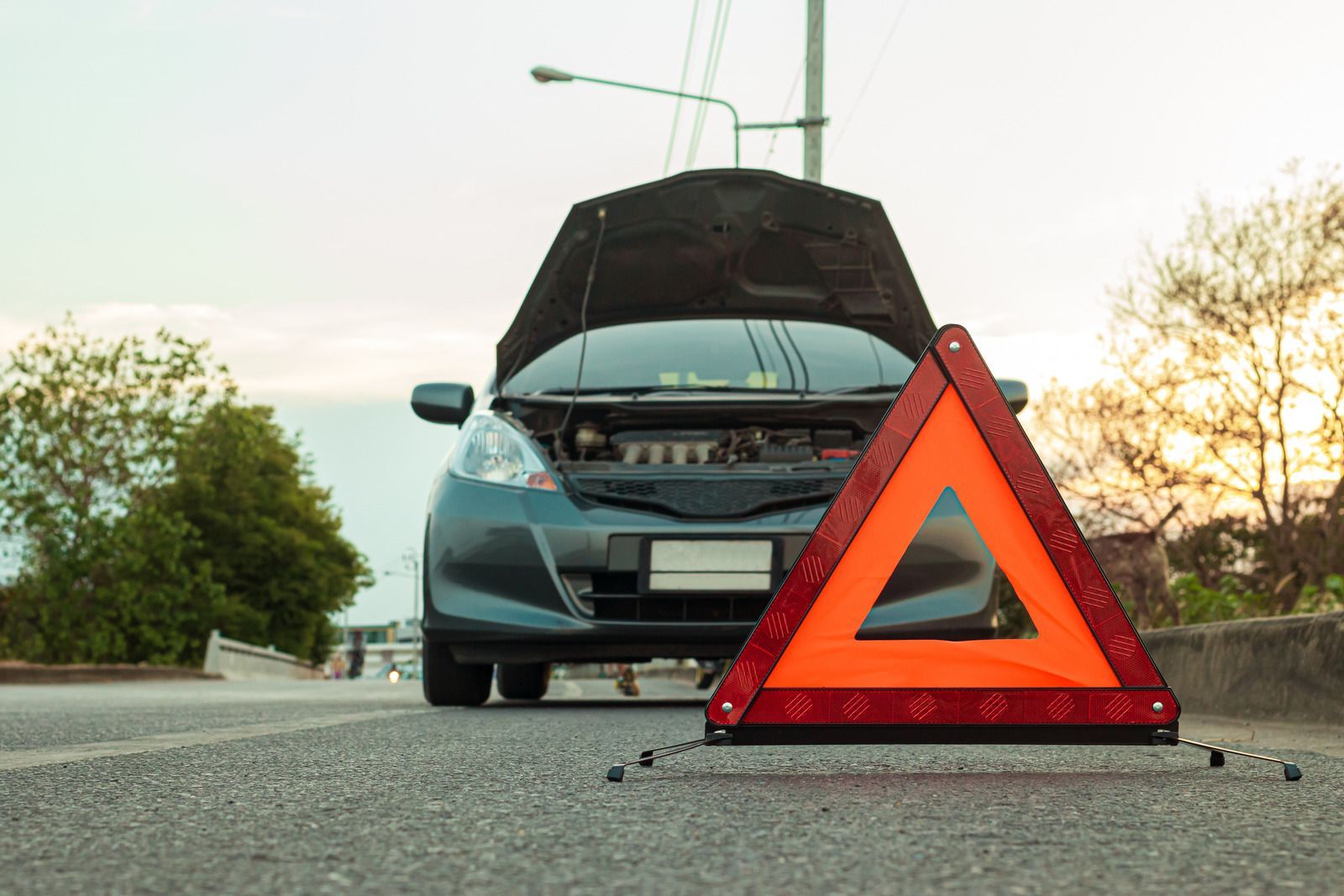 A car with the hood up and a warning triangle on the side of the road.