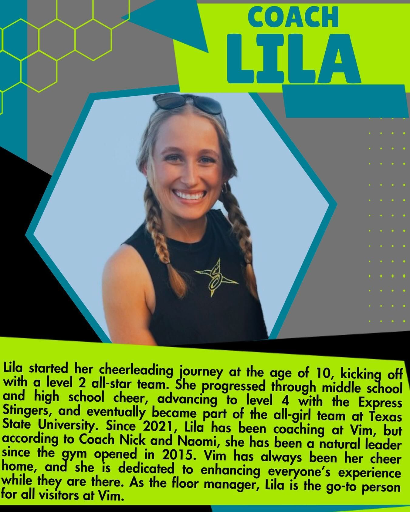 Coach Lila in front of a green and gray graphic. Lila is smiling wearing pigtails and a black tank top.