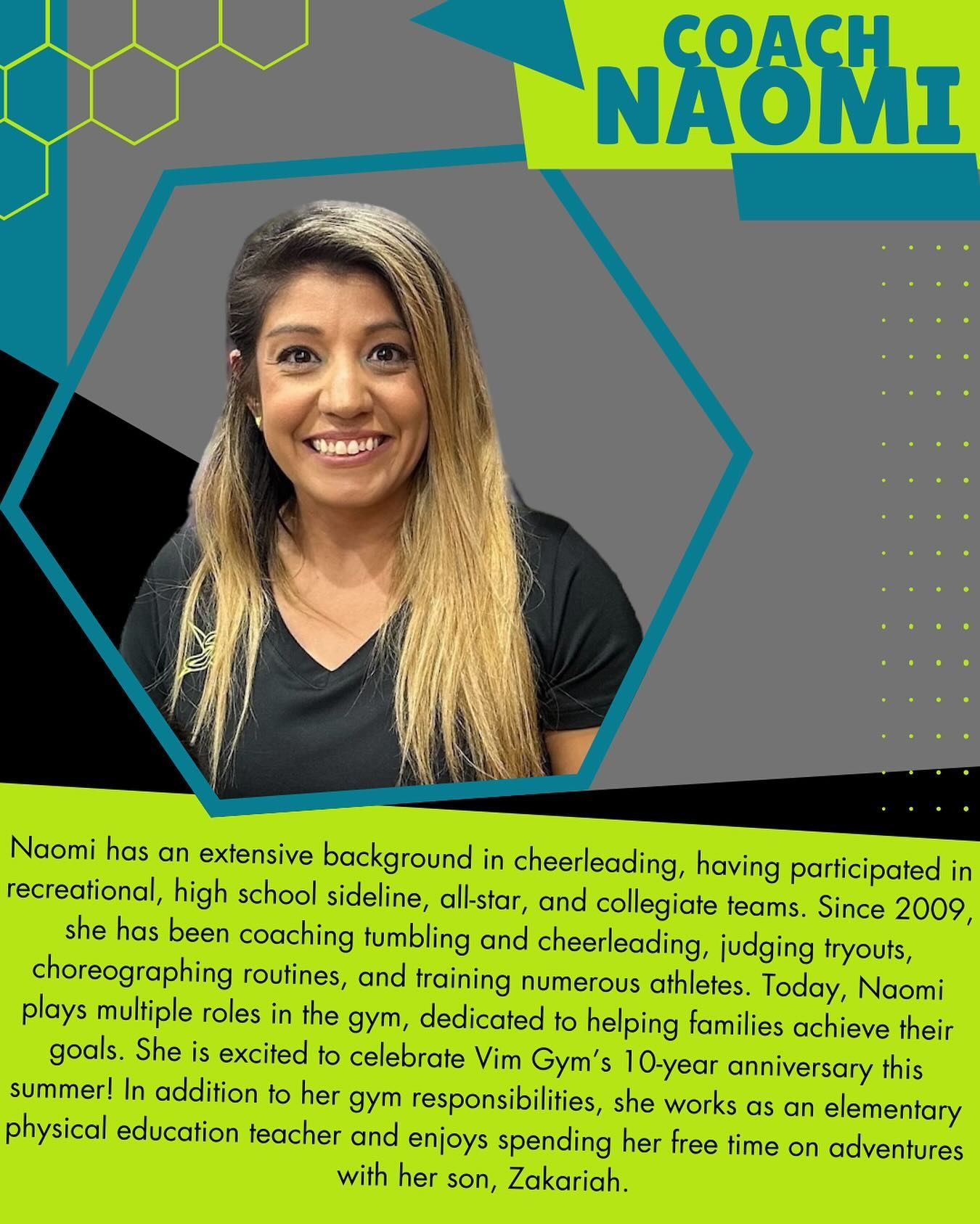 Coach Naomi, smiling, with text about her coaching experience. Teal and gray graphic.