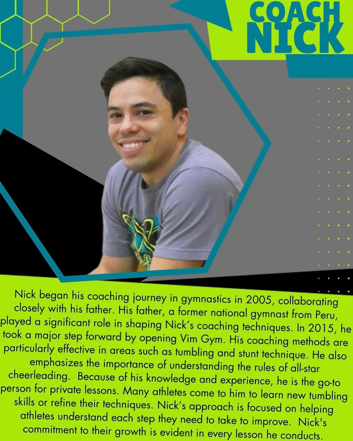 Coach Nick in a green and teal graphic. Smiling man, text about his coaching experience in gymnastics.