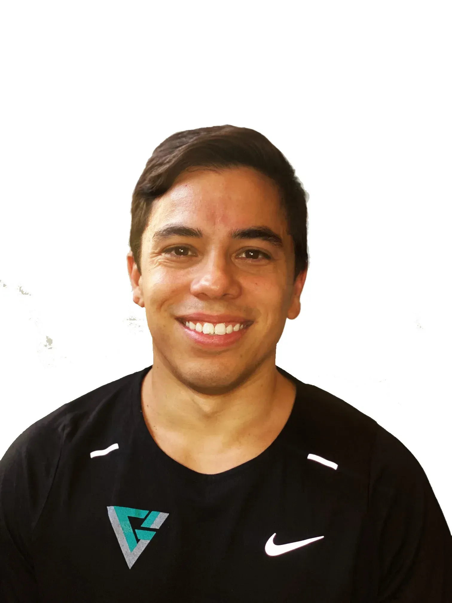 Man smiling in black shirt with logo and Nike swoosh, white background.