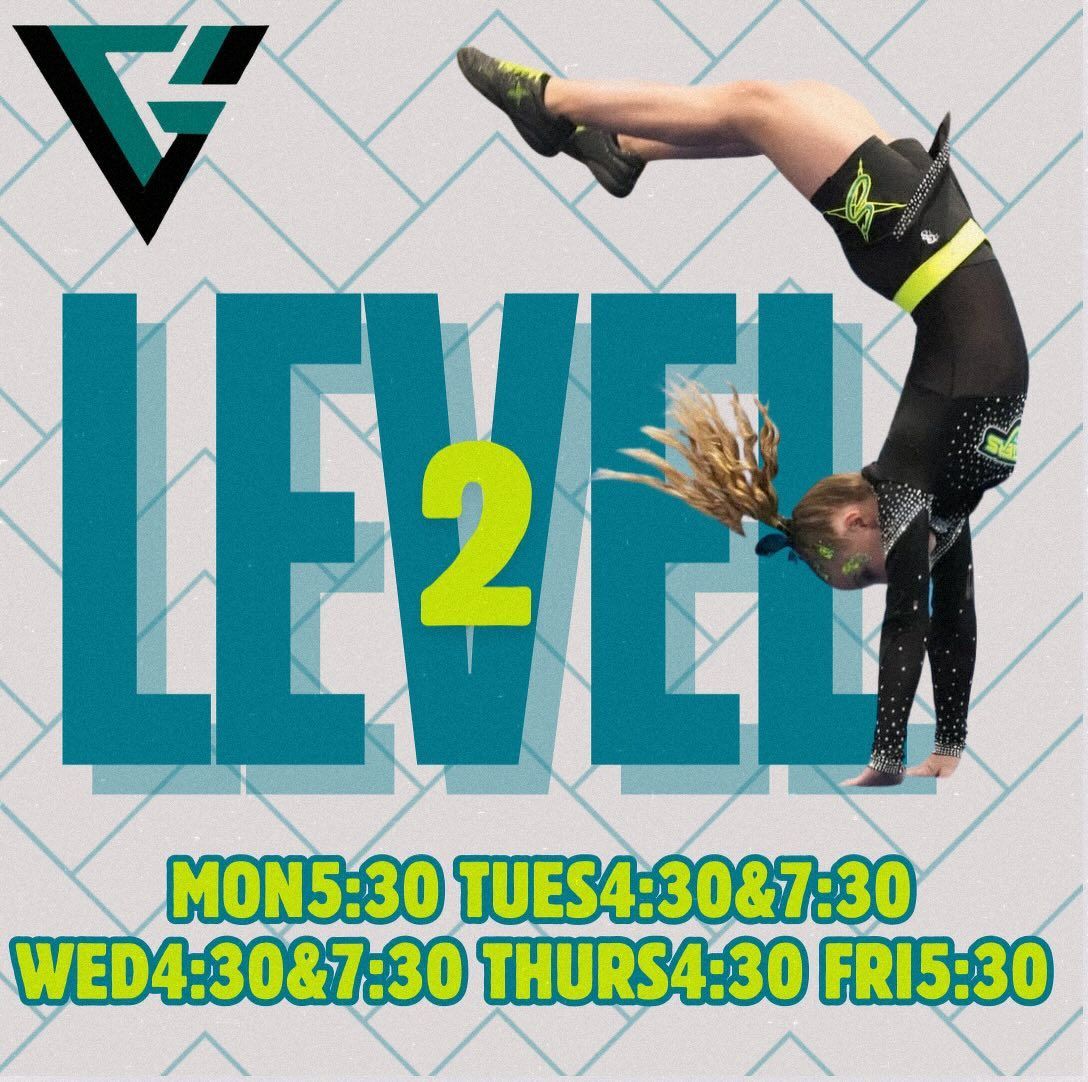 Cheerleader doing a handstand. Text: LEVEL 2, days, and times. Logo in the top left corner.