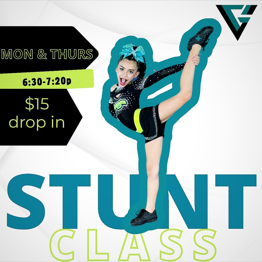 Cheerleading stunt class ad: Girl in uniform does a stunt. Class meets Mondays and Thursdays, 6:30-7:20pm, $15 drop-in.