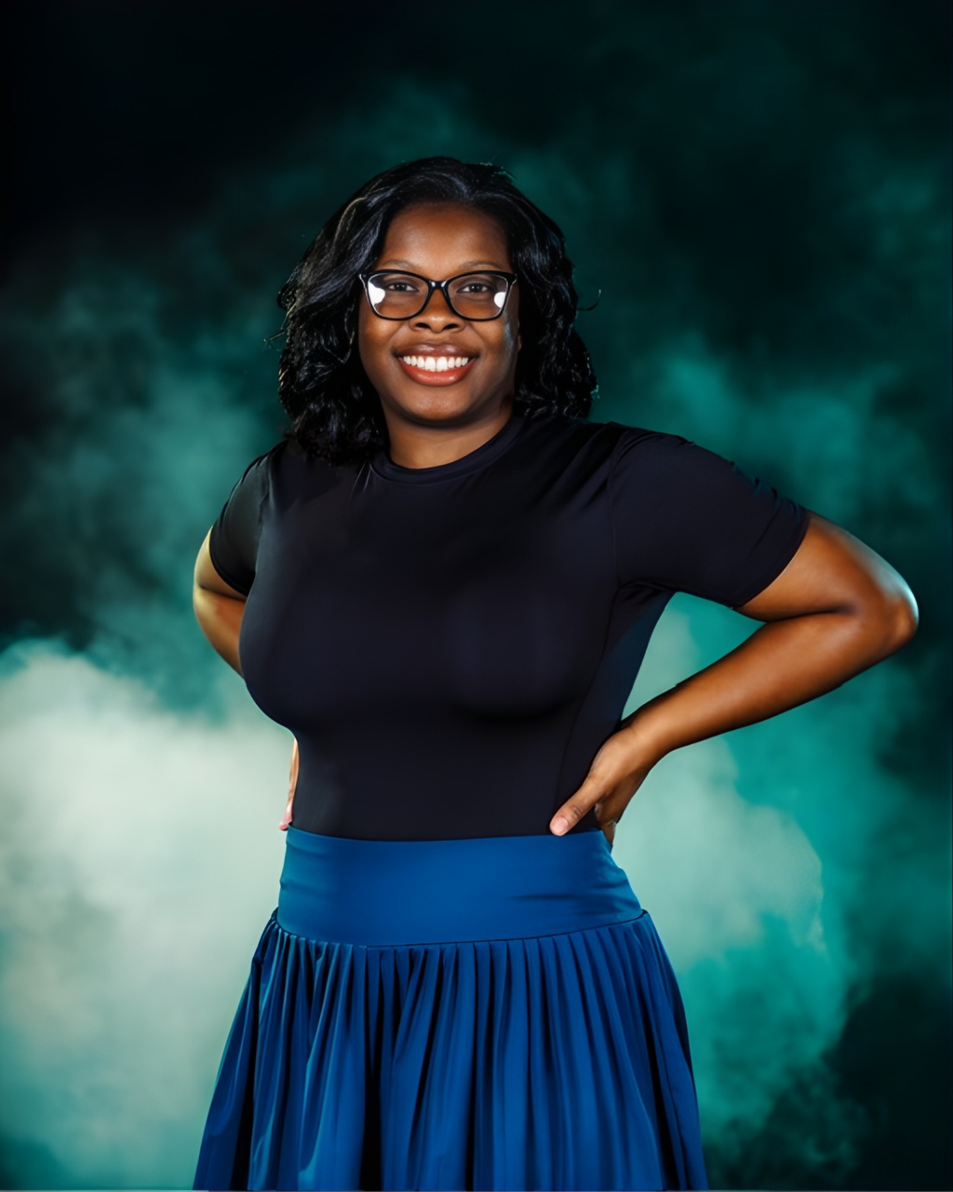 Smiling person wearing glasses and a black shirt with a blue skirt, posed against a dark, smoky teal background.