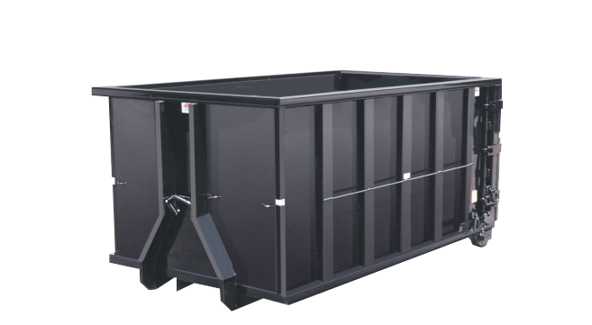 A black dumpster with wheels on a white background.