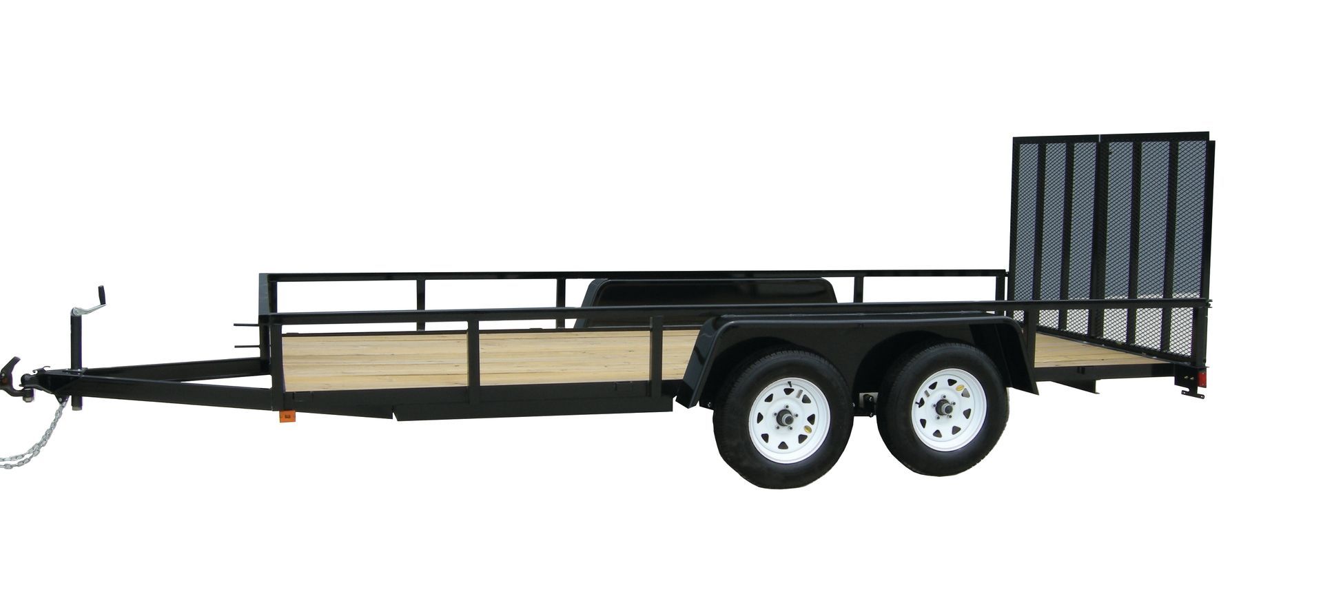 A trailer with a wooden deck and a metal fence on a white background.