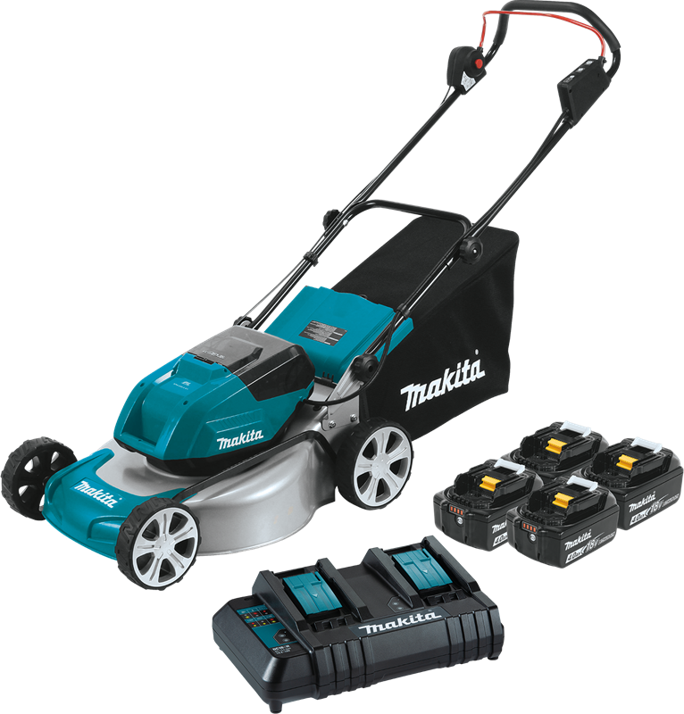 A makita lawn mower with four batteries and chargers
