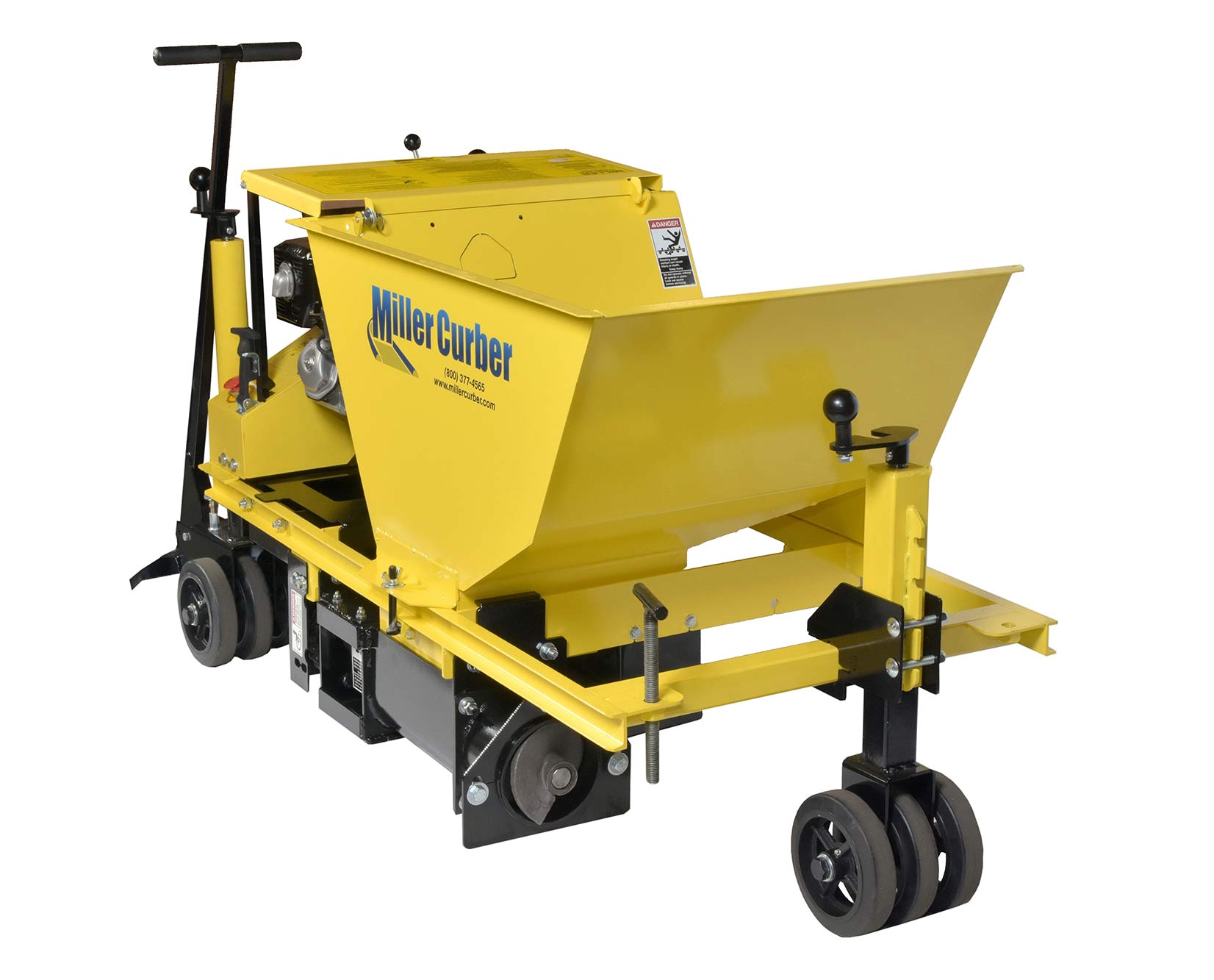 A yellow machine with wheels and a dumpster on a white background.