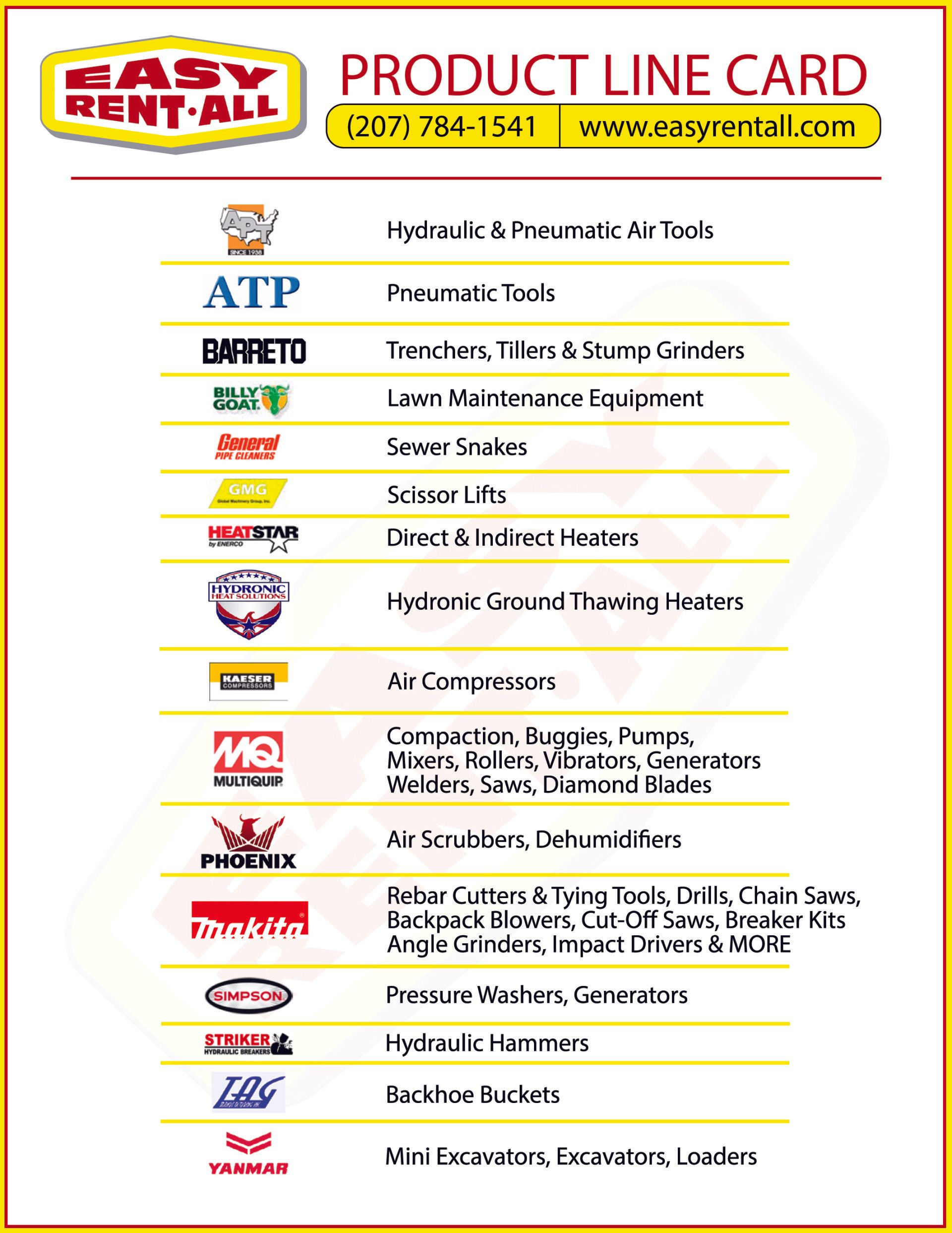 A product line card for easy rent all shows a variety of products.
